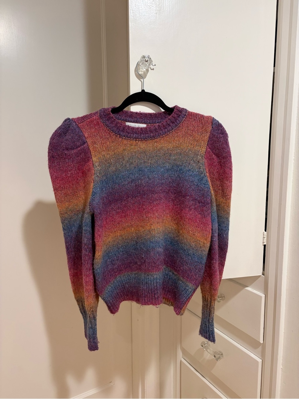 Design History Multicolor Ombre Crewneck Sweater in Pink, Purple, Blue, Gold